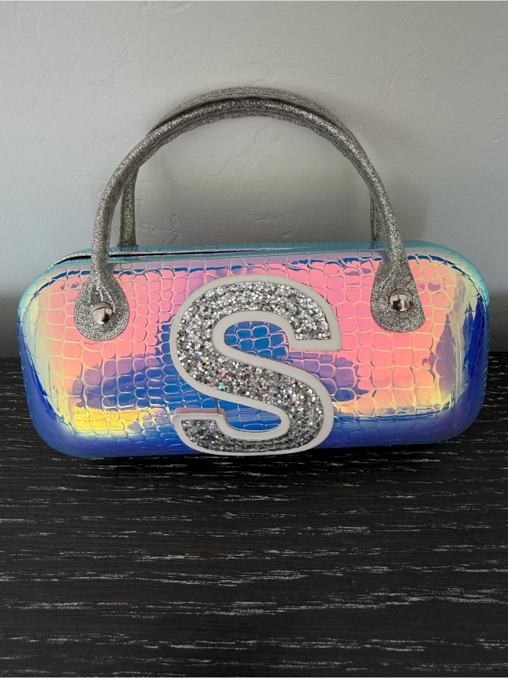 Justice Iridescent Pink and Blue Glitter 'S' Mini Handbag